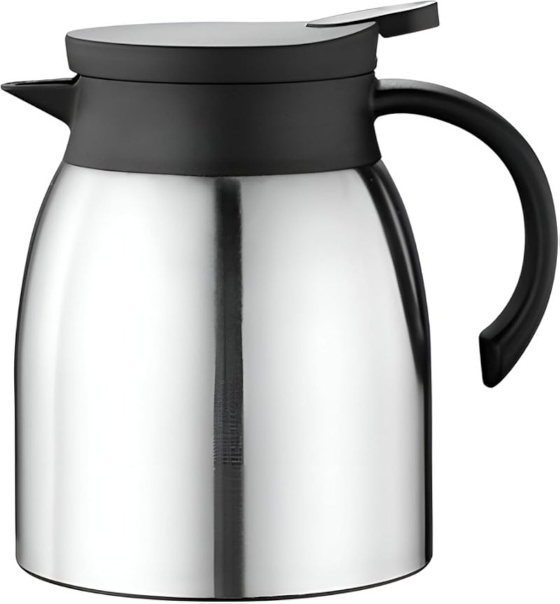 إبريق قهوة من الفولاذ المقاوم للصدأ - إبريق حراري معزول ومتين بمقبض وغطاء أسودين، مثالي للحفاظ على درجة حرارة المشروبات، ويبلغ ارتفاعه 16.5 سم مع لمسة نهائية فضية أنيقة.